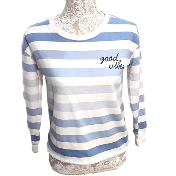 Doe White and Blue Striped Lightweight Sweatshirt w/"Good Vibes" Embroidery. XS - Picture 1 of 5